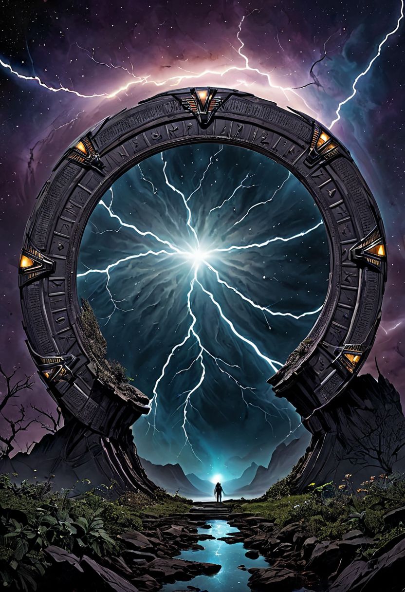 masterpiece, hd, Ultra HD, intricate details,
dark, eerie, beautiful, 
, hunter,  power , lightning, night, nebula, vortex, cosmos, advanced technology,  Stargate style, OverallDetailXL,hyperkraximalism ,Duskfallcrew Art Style