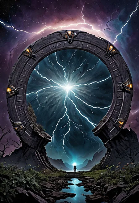 masterpiece, hd, Ultra HD, intricate details,
dark, eerie, beautiful,
, hunter, power , lightning, night, nebula, vortex, cosmos, advanced technology, Stargate style, OverallDetailXL,hyperkraximalism ,Duskfallcrew Art Style