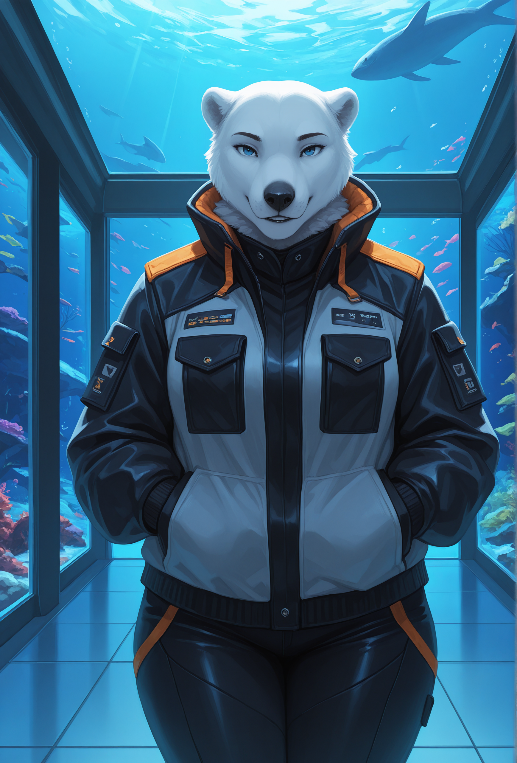 (masterpiece, best quality, very aesthetic, absurdres:1.2), 1girl, furry, science fiction, aquarium, polar bear, straight-on, jacket, looking at viewer, smile, <lora:oouna_style_illustrious_v1.2:1> oounastyle