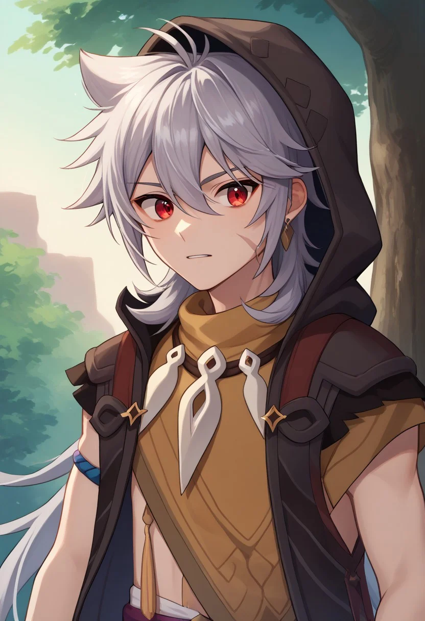 score_9, score_7_up, source_anime,
boreas, 1boy, male focus, solo, red eyes, grey hair, long hair, very long hair, bangs, hair between eyes, jewelry, earrings, single earring, tooth necklace, scar, scar on face, jacket, sleeveless jacket, brown jacket, hood, hood up, tassel, orange shirt, short sleeves, upper body,
outdoor, tree, wood