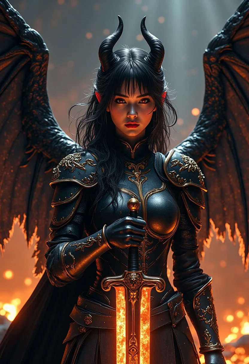 best quality, masterpiece, HDR photorealistic image, extremely detailed, great lighting, BREAK, Female oriental hellknight in full armor, small horns, black demon wings, hkstyle, jet black with gold and white embellishments, skull embossing, greaves, skull-themed shoulder armor, bangs, two-tone hair, black with red streaks, orange glowing pupils, skull half-helm, earrings, holding a legendary sword glowing with corrupted fire with both hands by the hilt, in a wielding stance, standing in a dark underground volcanic cave with pools of lava, thick fog in the air from the heat of the lava, black clouds, shafts of light, High Definition HD, High Detail, Perfect Composition, dark fantasy movie, cowboy shot from the front, dark moody atmosphere, very high contrast, closeup portrait