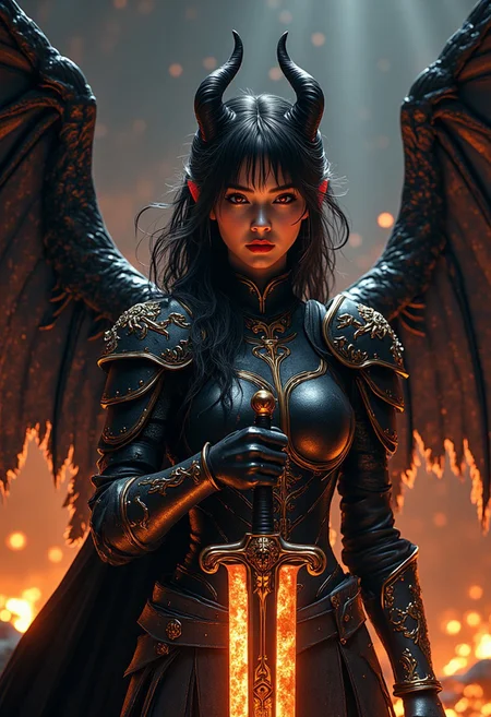 best quality, masterpiece, HDR photorealistic image, extremely detailed, great lighting, BREAK, Female oriental hellknight in full armor, small horns, black demon wings, hkstyle, jet black with gold and white embellishments, skull embossing, greaves, skull-themed shoulder armor, bangs, two-tone hair, black with red streaks, orange glowing pupils, skull half-helm, earrings, holding a legendary sword glowing with corrupted fire with both hands by the hilt, in a wielding stance, standing in a dark underground volcanic cave with pools of lava, thick fog in the air from the heat of the lava, black clouds, shafts of light, High Definition HD, High Detail, Perfect Composition, dark fantasy movie, cowboy shot from the front, dark moody atmosphere, very high contrast, closeup portrait