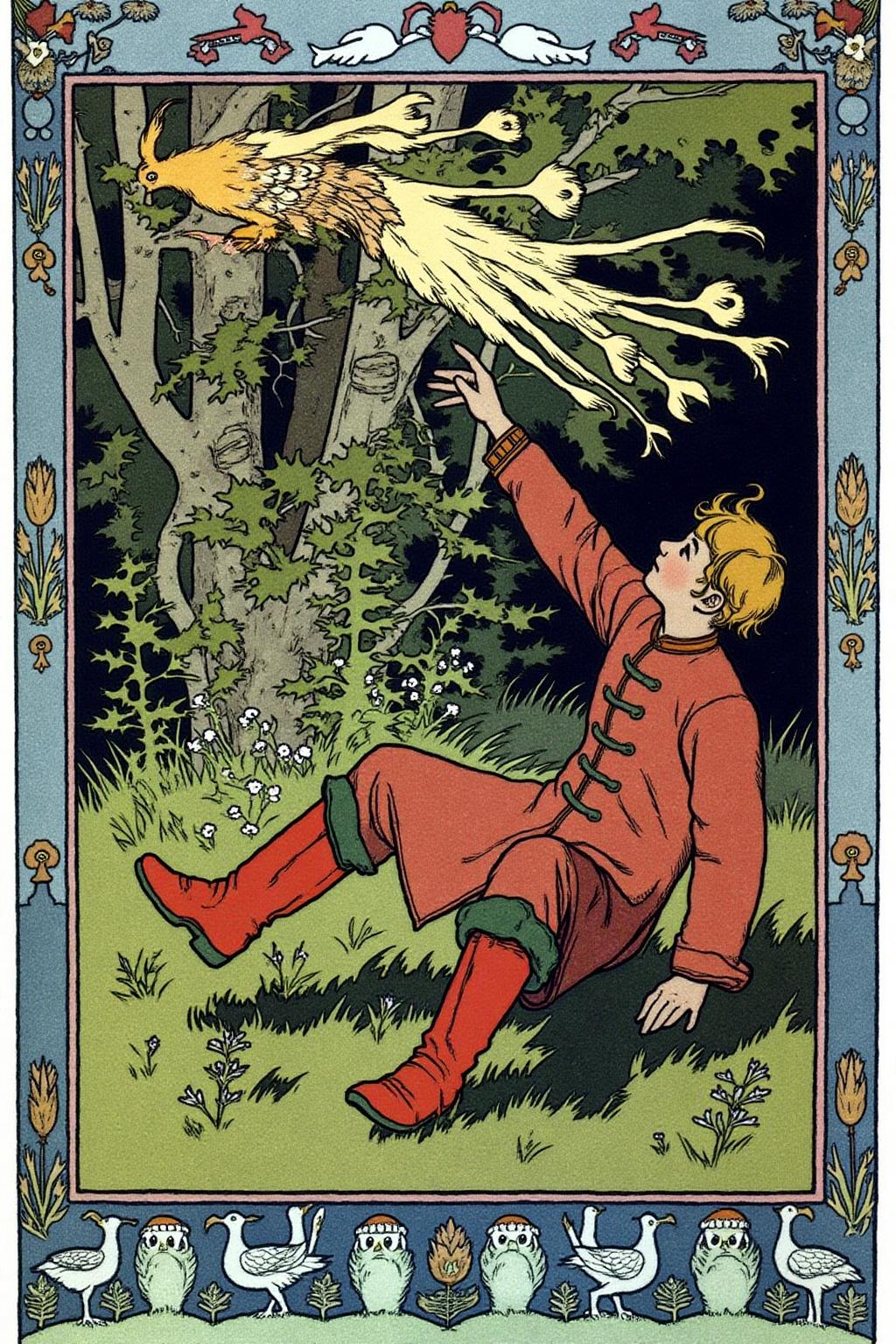 ivanbilibin1 illustration. 
A young man sits on the grass on the right side, surrounded by green grass with small flowers. He is grabbing onto the tail feather of a mythical firebird that is trying to fly away. Decorative borders frame the scene. <lora:ivanbilibin2_cap_d6a3e11:1.0><lora:857297588410421102:0>