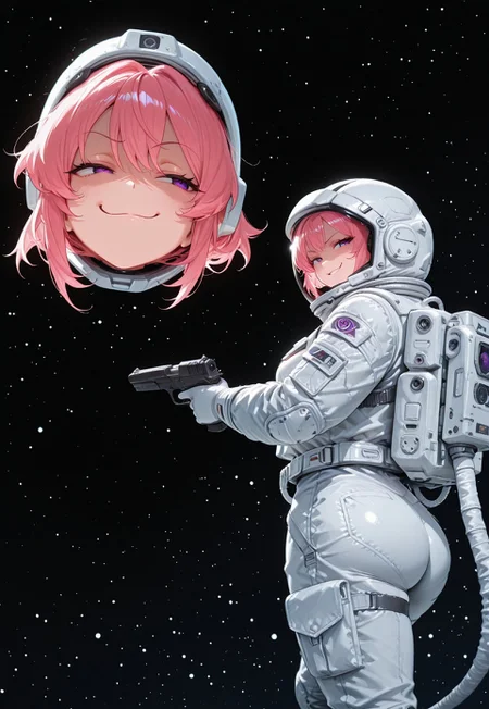 space, disembodied head, astronaut, science fiction, gun, holding gun,
(1girl), looking back, smirk, CivChan, purple eyes, pink hair, smug,
holding gun,
masterpiece, best quality, absurdres, [dynamic pose]