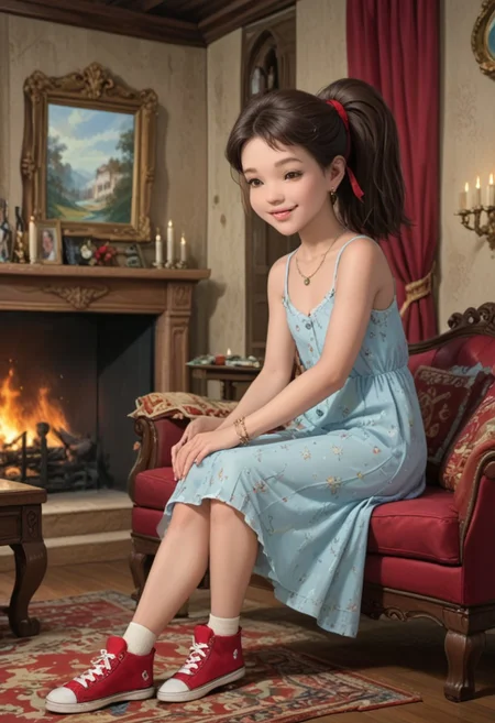 score_9, score_8_up, score_7_up, masterpiece, best quality, highly detailed, (masterpiece, best quality, highly detailed), very detailed face, hyperrealistic, (UHD quality details), beautiful face,
Sitting on luxurious sofa,
1 girl, legal age, young, petite, flat chest, small breast,
Luxurious earings, necklace, Bracelet,
Smile, happy,
Emmypony
overall skirt, ponytail, red hair ribbon, brown hair, brown eyes, red converse, red footwear
Sitting on luxurious sofa,
Luxurious dining room, chateau, fireplace, fire in the fireplace, chandeliers, candles, window, carpet, curtains, paintings on the walls, table, sofa,
Cowboy shot, Dynamic move, Moving,
Working,
Side view