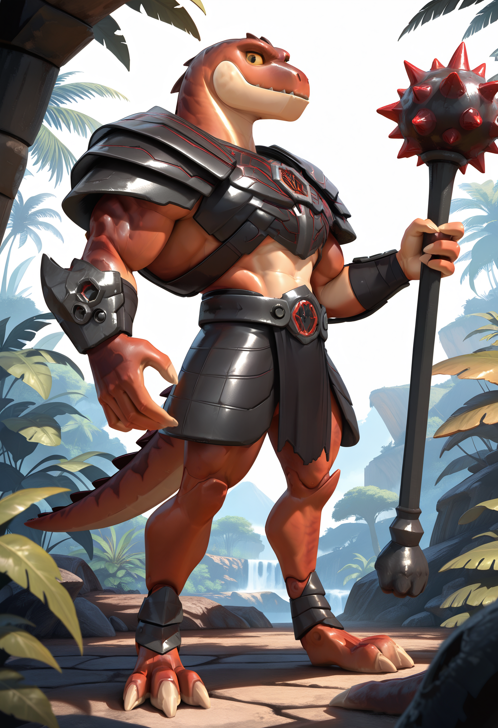 best quality, newest, absurdres, highres, (masterwork, masterpiece, best quality, hyper-detailed :1.3), 

1boy, solo,

m4x, reptile boy, armor, gauntlet, loincloth, yellow sclera, black eyes, full body, holding weapon, looking at viewer,

jungle,