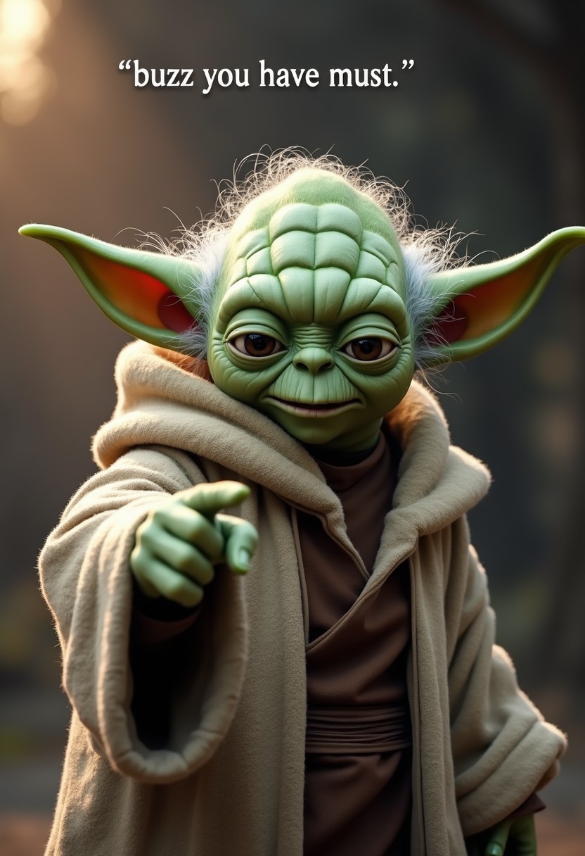 Yoda pointing at viewer on the top of the image there is a text with the words " buzz you have must "