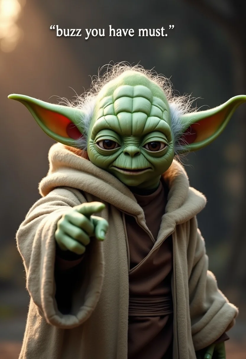 Yoda pointing at viewer on the top of the image there is a text with the words " buzz you have must "