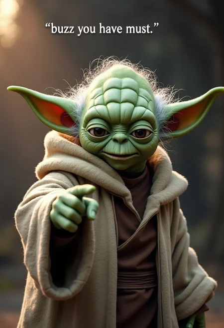 Yoda pointing at viewer on the top of the image there is a text with the words " buzz you have must "