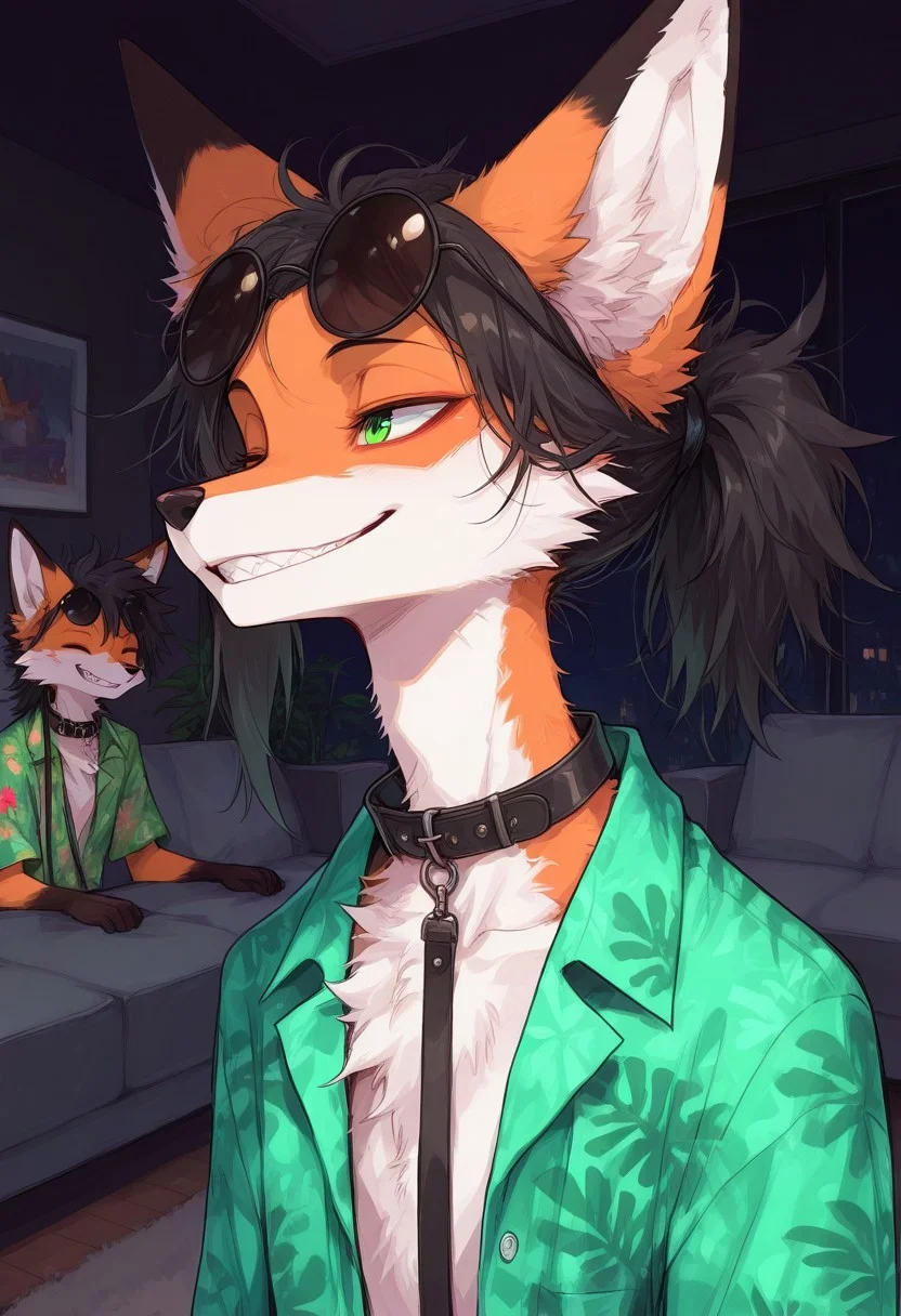 score_9, score_8_up, score_7_up, masterpiece, best quality, high quality, sharp lines, solo, luminescent background, furry, fur, fur covered,
BREAK, anthro, skinny, fox, furry, male, green eyes, orange fur, messy hair, black hair, hair combed back, ponytail, round sunglasses on head, green and grey hawaiian shirt, collar, leash, eyes closed, wide smile, teeth, head raised, night, living room, detailed, colorful, dark background, portrait,