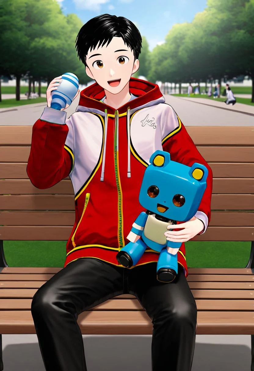 harmard, black hair, short hair, brown eyes, 1boy, (solo:1.20), solo focus, red_white_jacket, black pants, at park, happy expression, sit on bench, holding a robot toy