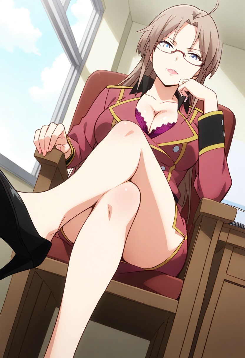 m4h1r0,bra,heels,military uniform,side slit,skirt
BREAK
close-up,perspective,face focus,looking at viewer
BREAK
sitting,crossed legs,shoe dangling,
BREAK
window,office,desk,chair,
BREAK
masterpiece,amazing quality,absurdres,newest,very aesthetic,detailed pupils