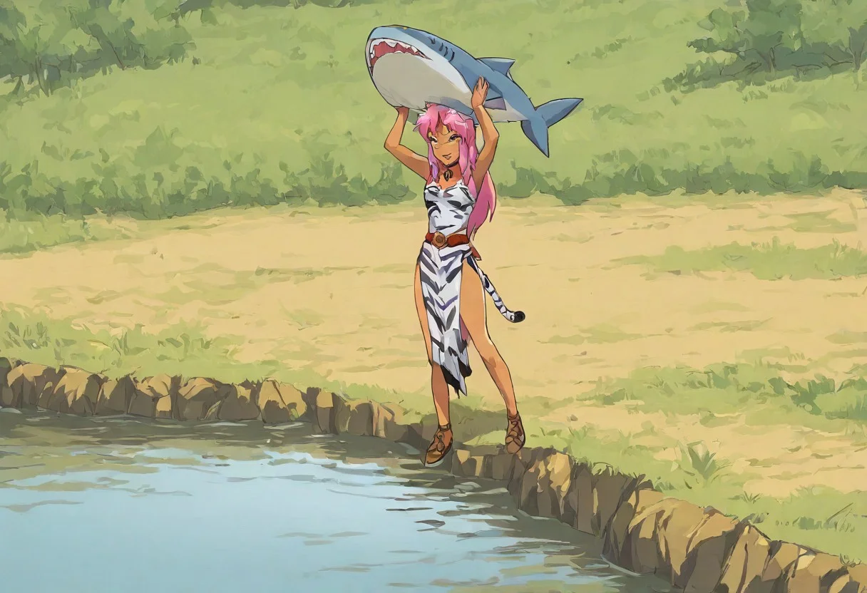 Pink_DragonPink, 1girl, sleeveless dress, white tiger print dress, pelvic curtain, cleavage, white tiger tail, red sash, small breasts, leather shoes, masterpiece, very aesthetic, smiling wide, <lora:pink-illustrious:1>, super_strength, holding a shark, over head, hands up,
Break
Hyrule field, sunny day, in a lake, link looking at pink in amazement