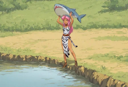 Pink_DragonPink, 1girl, sleeveless dress, white tiger print dress, pelvic curtain, cleavage, white tiger tail, red sash, small breasts, leather shoes, masterpiece, very aesthetic, smiling wide, <lora:pink-illustrious:1>, super_strength, holding a shark, over head, hands up,
Break
Hyrule field, sunny day, in a lake, link looking at pink in amazement