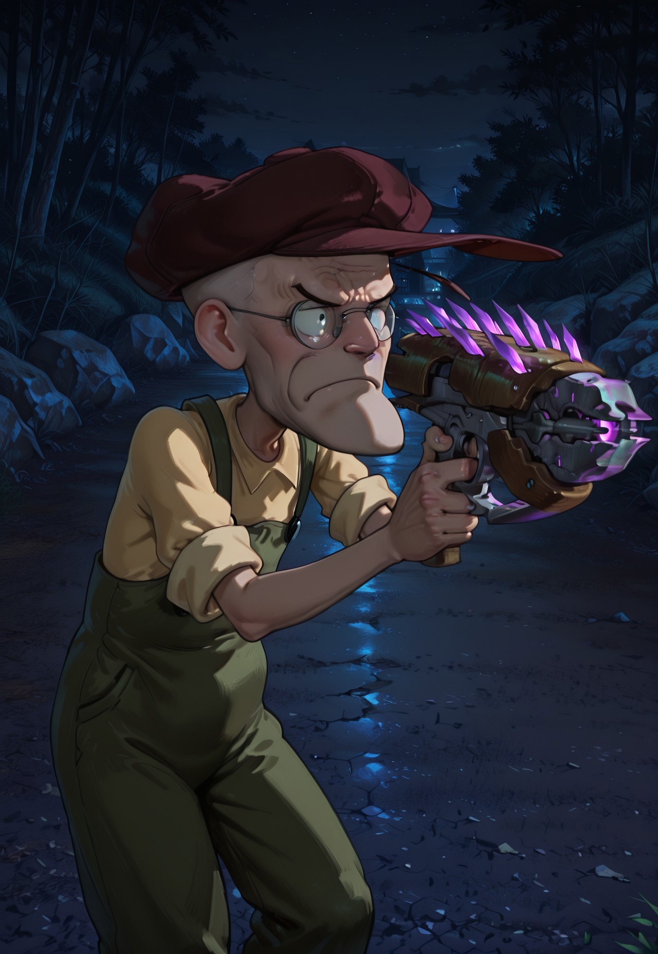 masterpiece, best quality, amazing quality, very aesthetic, absurdres, newest,( Eustace,Bagge,Green overalls, yellow shirt, hat, glasses, grumpy expression),  outdoors, night, needler_\(weapon\), crystals,aiming, solo, closed mouth