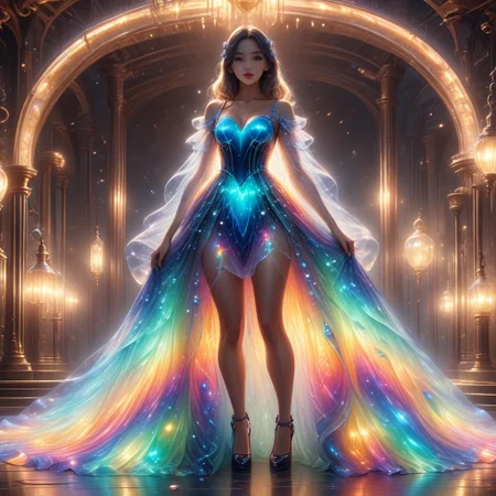 A beautiful young woman in a gorgeous gown, hourglass figure, beautiful eyes, detailed face, cute girl, ral-oilspill, bioluminescent dress, full body, head-to-toe, full frame,