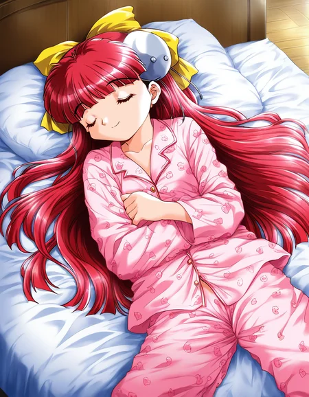 score_9, score_8_up, score_7_up, source_anime, rating_explicit, BREAK <lora:Nanako_RISE_XL:1>ãNanako_RISE, long hair, red hair, closed eyes, bangs, hair bow, headgear, yellow bow, solo,
pink pajamas, animal print, lying, happy, long pants, sleeping, closed mouth,
bed room, flooring,