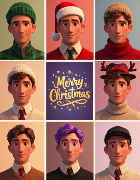 3D Pixar Style, This image is a high-quality digital collage featuring nine different illustrations of young men in festive Christmas-themed outfits arranged in a grid. Each illustration is meticulously detailed with a soft, painterly style, and the overall aesthetic is very high. The men are depicted with various hair colors, styles, and accessories, such as hats, scarves, and ties, all contributing to a cohesive holiday theme.
The top row shows three men: the first wears a green plaid hat and a green sweater, the second has a red Santa hat with a candy cane and wears a red and white sweater, and the third wears a beige knitted hat and a light purple sweater. The middle row features a central frame instead of a man, showcasing a beautifully designed "Merry Christmas" text in bold, golden letters with elegant swirls and glittering snowflakes around it. The two men flanking the text are dressed festively: the left wears a white hat with pom-poms and a white sweater, while the right has purple hair styled into a short, tousled look and wears a green sweater. The bottom row includes three more men: the first has a red Santa hat and a brown sweater with reindeer antlers, the second wears a black hat with a red bow and a black sweater, and the third has a beige hat and a beige sweater.
The background for each illustration is a soft gradient of warm, glowing colors, blending seamlessly with the central "Merry Christmas" design. The lighting is soft and even, giving the overall composition a whimsical, heartwarming holiday spirit inspired by the Pixar aesthetic.