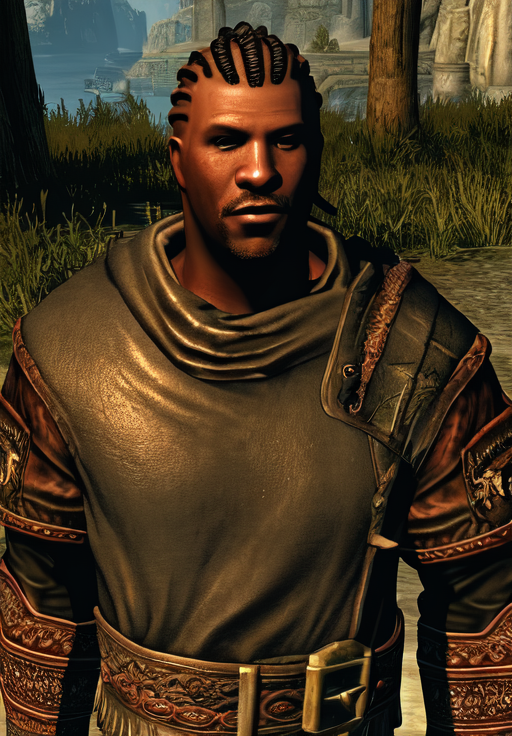 a man, <lora:Redguard-Male:0.8>, Redguard-Male, 1man, solo, upper body, (masterpiece, best quality, absurdres, detailed, ultra-detailed:1.3), charming