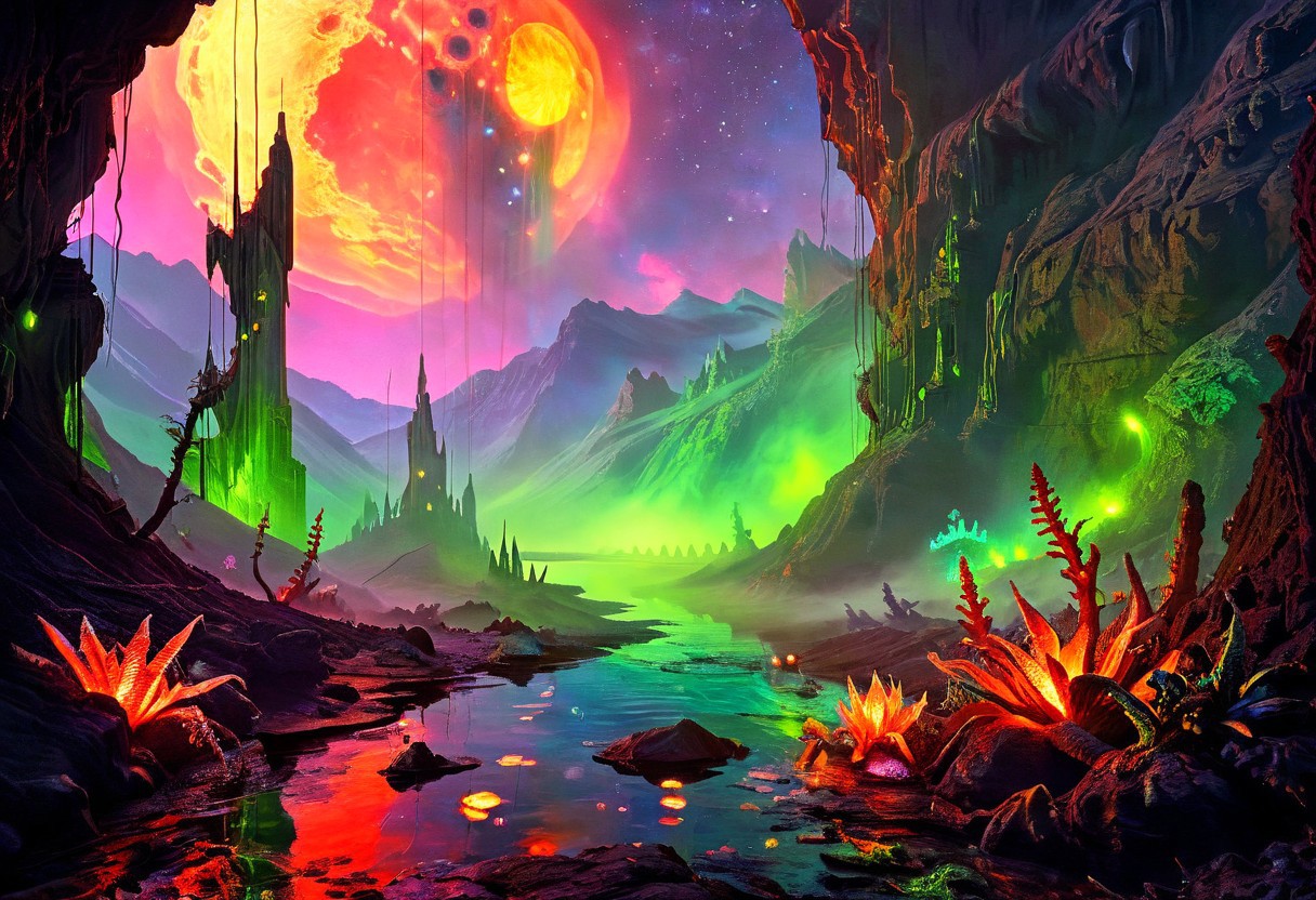 Embedding:ziprealism, in the style of neil-krug, flux-style,
style of DnD_Grainyboyz, grainy, Hyper-realistic alien landscape, hyper-detailed, absurdres, richest details, eerie vibes, featuring vibrant, surreal colors and bizarre, otherworldly flora and creatures. Starry sky, cold blue sky, glen with towering mountains with glowing, bioluminescent veins, winding rivers of iridescent liquid, and intricate bas-reliefs carved into ancient rock formations. a photo of the scene is alive with strange, exotic plants and creatures, their textures and details rendered in ultra-high definition. In the distance, a small, hyper-detailed buildings blends seamlessly into the environment, its design organic and mysterious. The atmosphere is thick with an ethereal glow, casting dramatic shadows and highlights across the terrain. Inspired by the vibrant, surreal tones of alien ecosystems and the intricate detail of hyper-realistic art, the piece combines sci-fi elements with natural beauty. High-contrast lighting, vibrant neon accents, and a rich color palette enhance the visual impact. Theme: an untouched, alien world teeming with life and mystery.