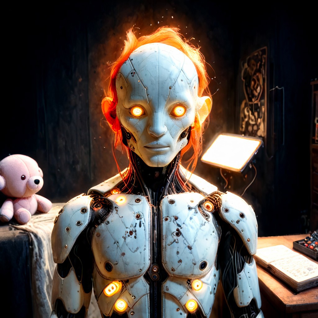 This artwork draws from the Dutch Golden Age's rich palette and dark, grungy backgrounds to evoke nostalgia and decay, while its bright tea and strong shadows add depth. Influenced by Roy Lichtenstein's bold colors and distorted imagery, it features a center-stage, oversized vintage plush toy with glossy eyes and metallic arms, exuding an eerie aura from its weathered appearance. Beneath it lies a Scottish rug with deep crimson hues, merging Scottish and Indian artistry. The room, a cozy bedroom, reflects an artist and gamer's world with an illustrator’s desk, graphic novels, video games like The Legend of Zelda and Cyberpunk 2077, sci-fi plushies, and gaming memorabilia. A bed with soft blankets, a dresser, mood lighting, a 65-inch TV, and a leather recliner complete the intimate, balanced space.
easynegative, FastNegativeV2, CyberRealistic_Negative, reelmech, mechanical parts, cable, wires, machinery, joints, body suit, toy_face