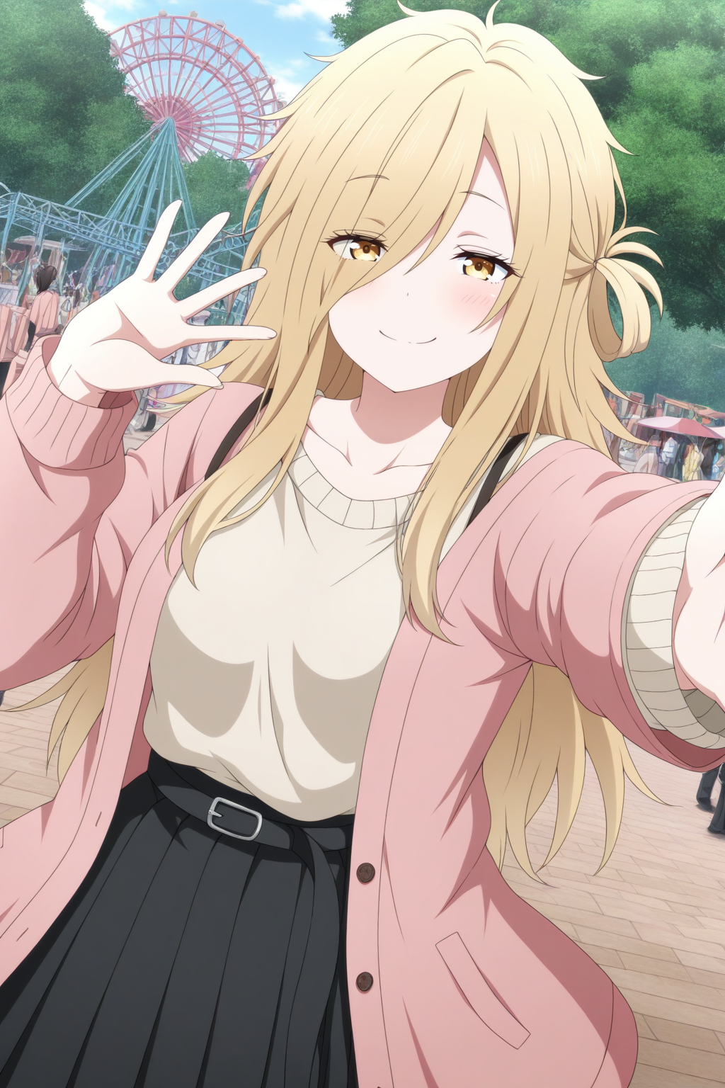 masterpiece,best quality,amazing quality,very aesthetic,absurdres,newest, 1girl, solo, original, hair rings, beige sweater low-cut sweater with black straps, collarbone, pink jacket, black skirt pleated skirt medium skirt past thighs, upper body, standing, amusement park background, looking at viewer, one arm outstretched, spread fingers, smug, Dutch angle,
<lora:il_contrast_slider_d1 (Ð¦ÐÐÐ¢ ÐÐÐ Ð¢ÐÐÐÐ):-0.8> 
<lora:Fuyune Koujiya:0.8> fuyune_koujiya, 1girl,