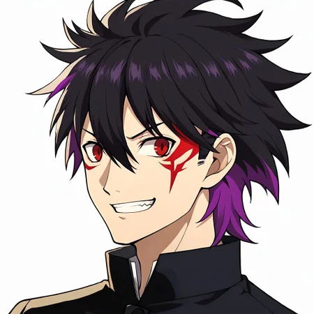 Score_9, score_8_up, score_7_up, source_anime, cowboy shot, masterpiece, best quality, upper body, portrait, (white background), solo, solo focus, 1boy, ((black hair)), short hair, spiky hair, ((hair straight up)), (hair between eyes), sharp top hair, ((slicked hair)), (((red eyes))), demonic eyes, ((purple string on bangs:1.3)), (colored bangs), (purple bangs), sharp teeths, smile grin, two colored hair, ((two-tone hair)), ((streaked hair:1.3)), (multicolored hair), purple hair, ((red eye tattoos)), (purple colored inner hair), <lora:colored inner hair:1>, ((purple hair tips)), <lora:_sdxl-gakuran-pony:0.8> (((black gakuran)))