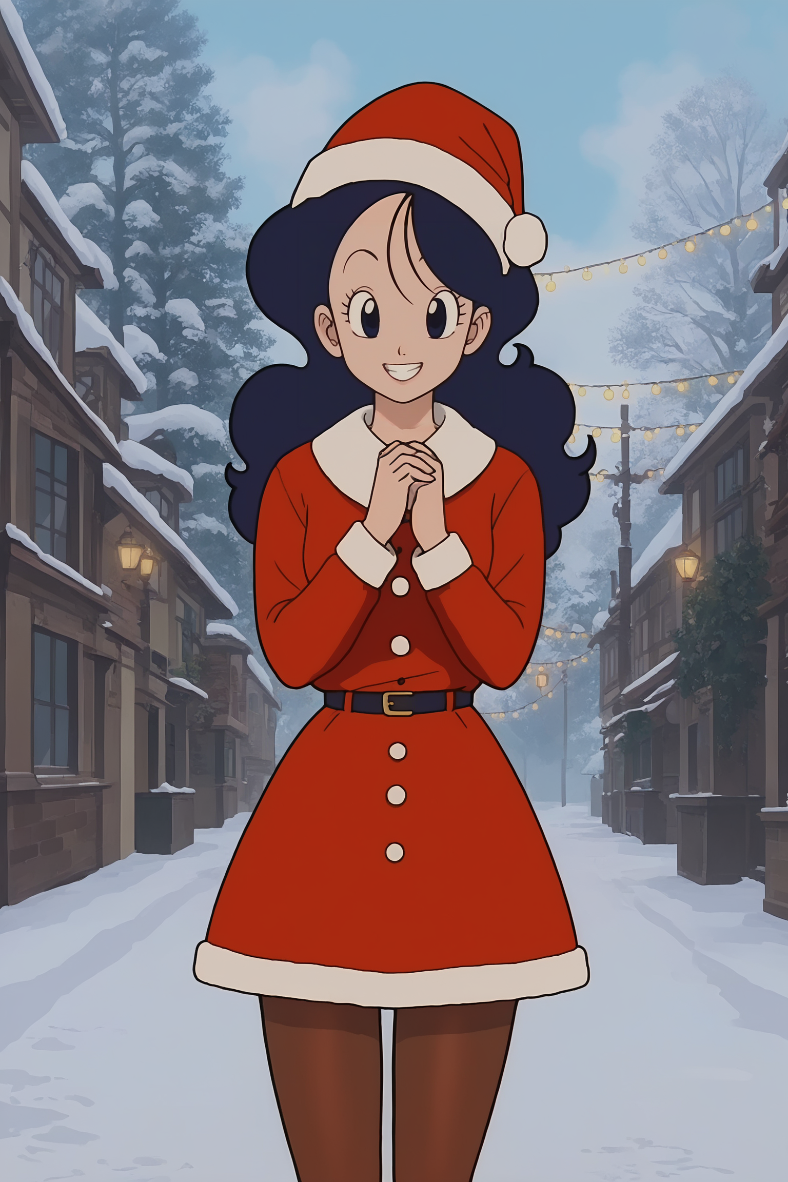 source_anime, score_9, score_8_up, score_7_up, anime screencap, absurdres, high quality,
official style, 1girl, solo, 
launch good, blue hair, long hair, curly hair, blue eyes,
santa hat, santa costume,  snow, cowboy shot, short skirt, pantyhose, belt, fur trim, smile, v, dappled sunlight, mountainous horizon, big smile, teeth, 
 <lora:Launch_v1:0.8>