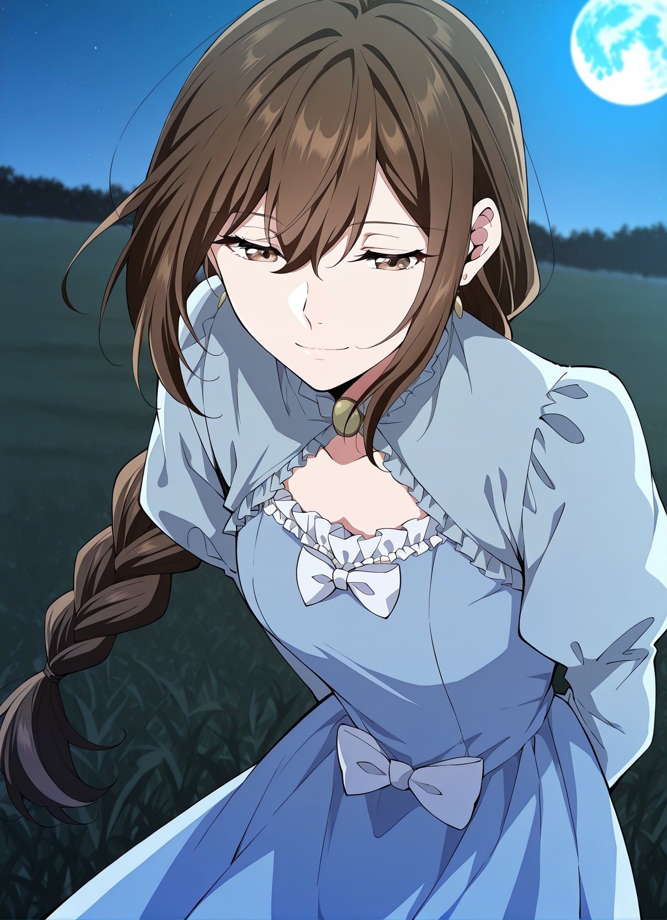 <lora:Lilia_Helstea__The_Beginning_After_the_End__Illustrious:1>
1 girl, solo, brown hair, brown eyes, long hair, hair between eyes, single braid
blue dress, long sleeves, puffy sleeves, bow, earrings
score_9, score_8_up, score_7_up, very aesthetic, source_anime, detailed, high quality, beautiful, masterpiece, detailed eyes, field, blurry background, pose dynamic angle, upper body, cowboy shot, light smile, floating hair, half-closed eyes, hands behind back, leaning forward, looking forward, looking at viewer, night, blue moon,