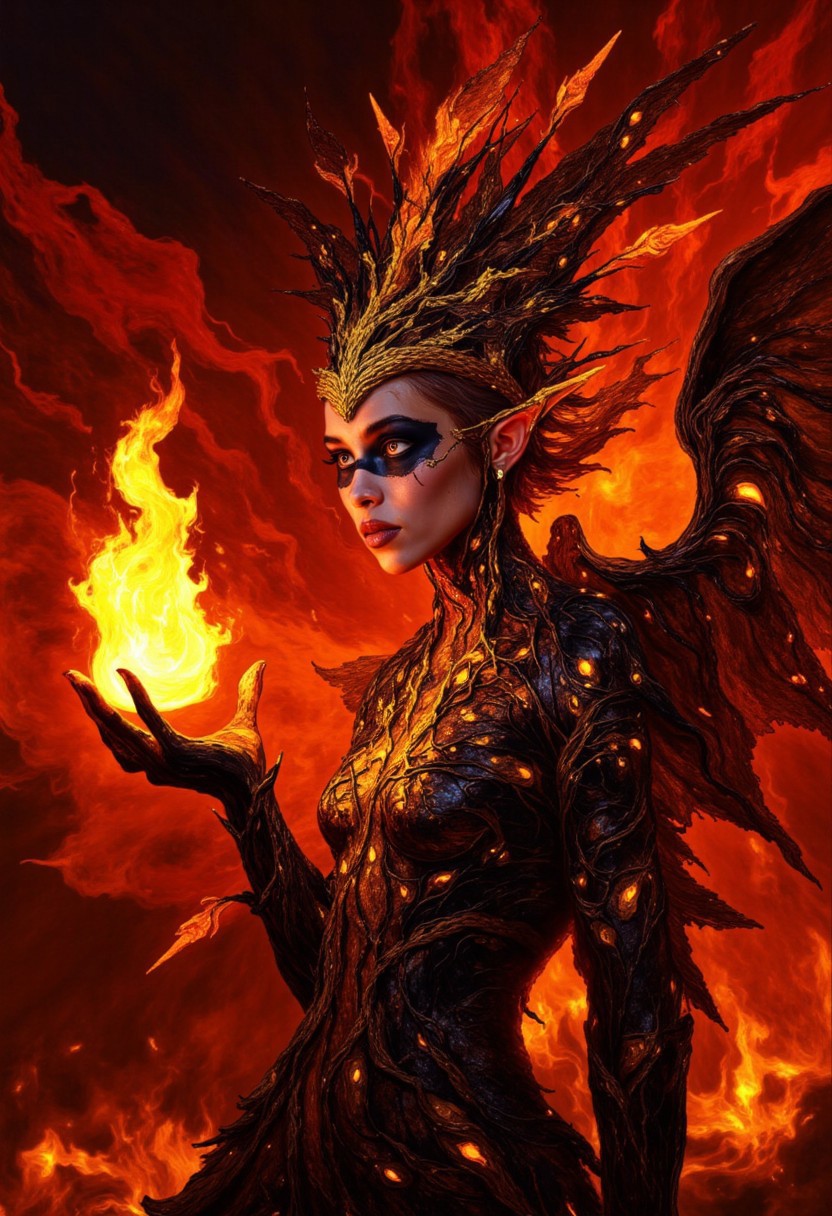 This striking image depicts a powerful, fiery entity radiating both beauty and menace. The figure stands surrounded by a smoldering, infernal backdrop, bathed in deep reds, blacks, and glowing ember tones. Her face is serene yet commanding, with dark makeup accentuating her glowing eyes, which appear to hold the very essence of fire. Cracks of molten energy stretch across her skin like glowing fissures, as if her body is forged from volcanic rock, barely containing the flames within. Her head is adorned with an intricate, towering crown made of molten gold and braided textures that shimmer like firelight. The crown expands outward into a dramatic, flame-like silhouette, giving her an otherworldly and regal appearance. The golden patterns and embers embedded in the crown and her armor complement her fiery nature, making her look like a goddess or a queen of a volcanic underworld. In her outstretched hand, she holds a vibrant flame that dances with life, illuminating her features and casting sharp, dramatic shadows. The flame seems to respond to her presence, flowing and twisting with unnatural energy, emphasizing her control over this destructive force. Her fingers, elegantly poised, seem to cradle the fire as though it is an extension of herself, not a mere tool or weapon. Her armor is dark, textured, and organic, molded as if from charred volcanic rock with glowing cracks of magma breaking through its surface.