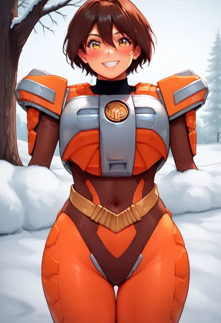 score_9, score_8_up, score_7_up, source_anime, zPDXL, zPDXLpg, <lora:offset_0.2:0.1>, <lora:spo_sdxl_10ep_4k-data_lora_webui:1>,source_anime,
1girl, solo, mature female,
sazervisuel, orange bodysuit, brown leotard, belt, armor,
<lora:Sazer_Visuel:1>,
brown hair, short hair, hair between eyes, yellow eyes, tsurime,
smile, blush, looking at viewer, facing viewer, cowboy shot, standing, <lora:doublefq-illust:1>, (doublefq:1.1), doublefq,missing all arms,missing no shoulder,smile,embarrass,indoor,blush on face, covered navel, covered vaginal,skin tightvwide hips ,thick thighs,
Outdoor, winter, snowy town background