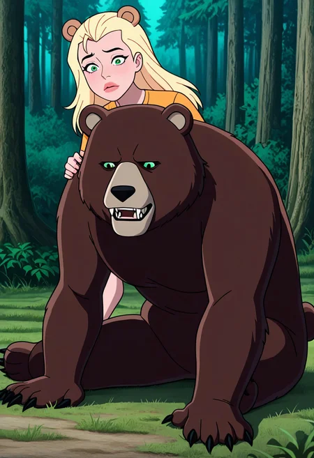 masterpiece, best quality, amazing quality, very aesthetic, absurdres, newest, ((parody, cartoon, screencap))
eunice, 1girl, long hair, blonde hair, green eyes, lips, , eye liner, 
bear, sitting on bear, bear claws, fangs, bear ears, cosplay, forest, woods,
