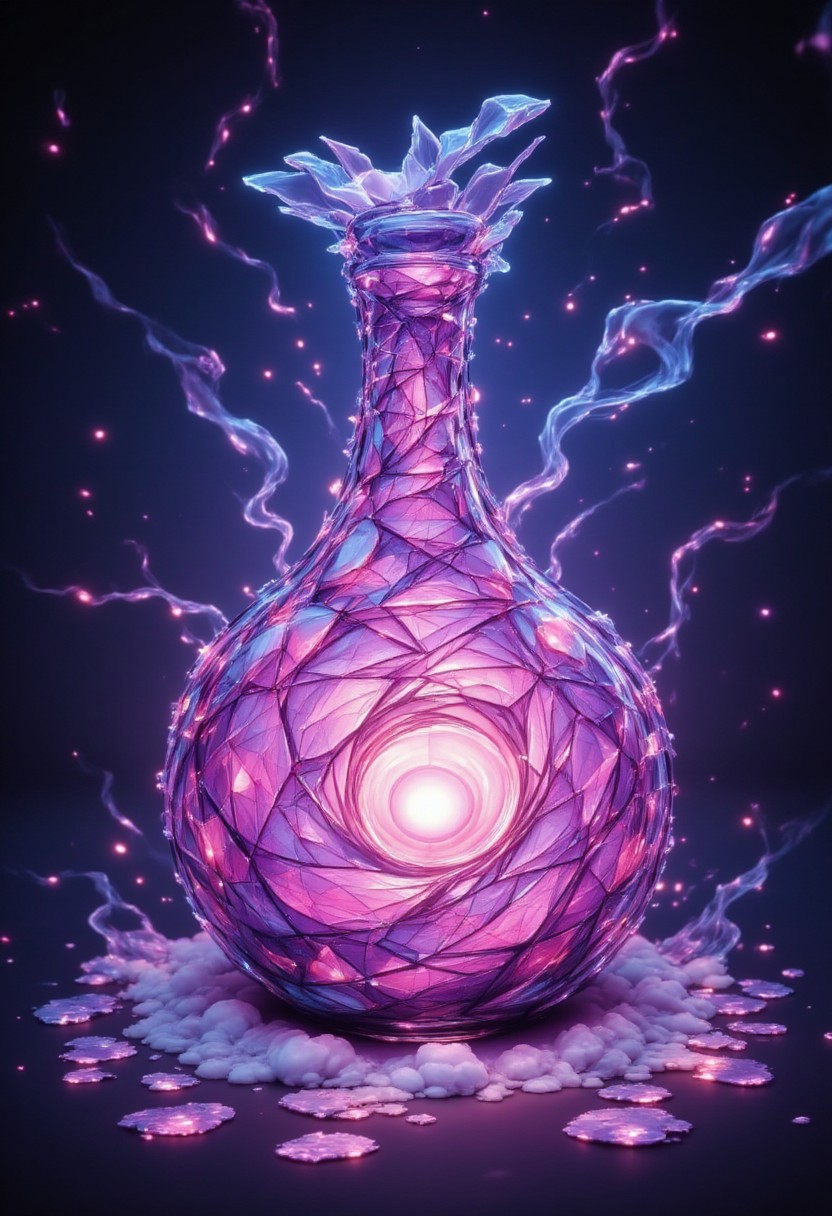 An exquisitely designed magic potion bottle, floating gracefully in mid-air, radiating vibrant pink and purple hues. The centerpiece of the bottle is its swirling, luminous liquid, glowing intensely with shifting gradients of pink, violet, and magenta, as if alive with magical energy. The glass is crystal-clear, enhancing the visibility of the dynamic liquid within, while the exterior is adorned with intricate arcane carvings, ornate metallic accents, and shimmering crystalline embellishments. Surrounding the potion are radiant embers, sparkling trails, and ethereal energy wisps that pulse and flow around it, amplifying its otherworldly presence. Rendered with extraordinary detail, the scene captures every texture, reflection, and magical effect, emphasizing the mesmerizing, glowing core of the potion