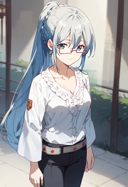 score_9,score_8_up,score_7_up,source_anime,zPDXL3,
*//*,<lora:Eleonora-v1.0-000009:1>,eleonora_bonnefoy,1girl,long hair,grey hair,blue eyes,medium breasts,ponytail,collarbone,black pants,cross-laced clothes,white jacket,belt,glasses,semi-rimless eyewear,red-framed eyewear,
*//*,cowboy shot,dutch angle,