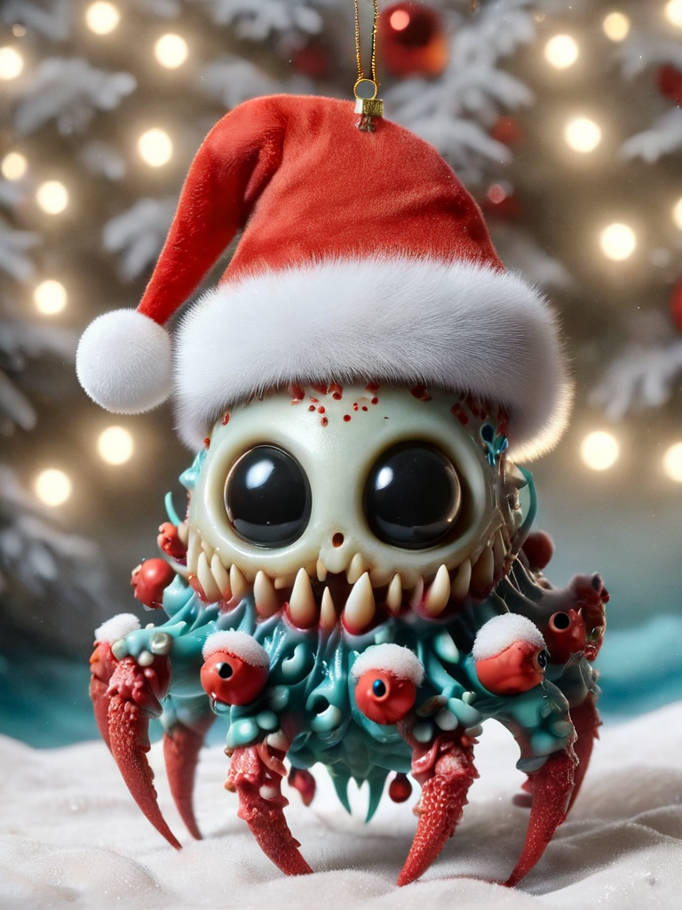 ral-chrcrts, creepy octupus in the ocean christmas ornament with a santa hat on <lora:ral-chrcrts-sdxl:1>