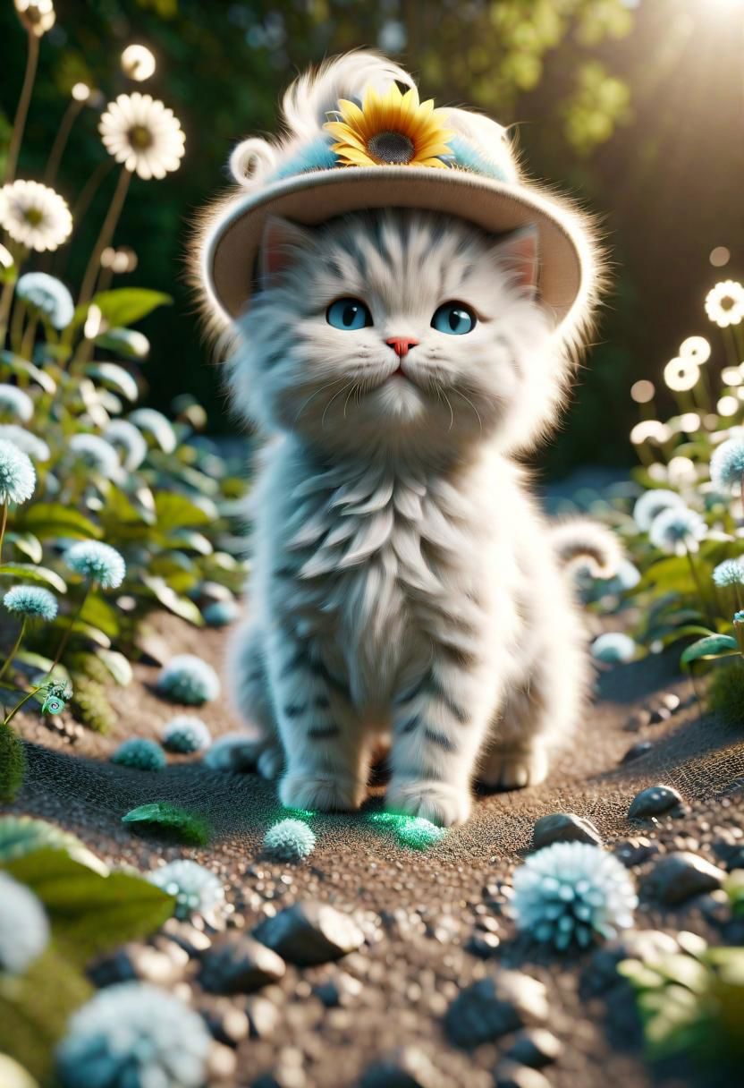 ral-fluff,<lora:ral-fluff:1>,
chibi,masterpiece,best quality,original,official art, silver metallic kitten,hat,flower,blurry background,rendering,beautiful detailed glow,(detailed ice),beautiful detailed water,sunny, blurred flower, happy,grin