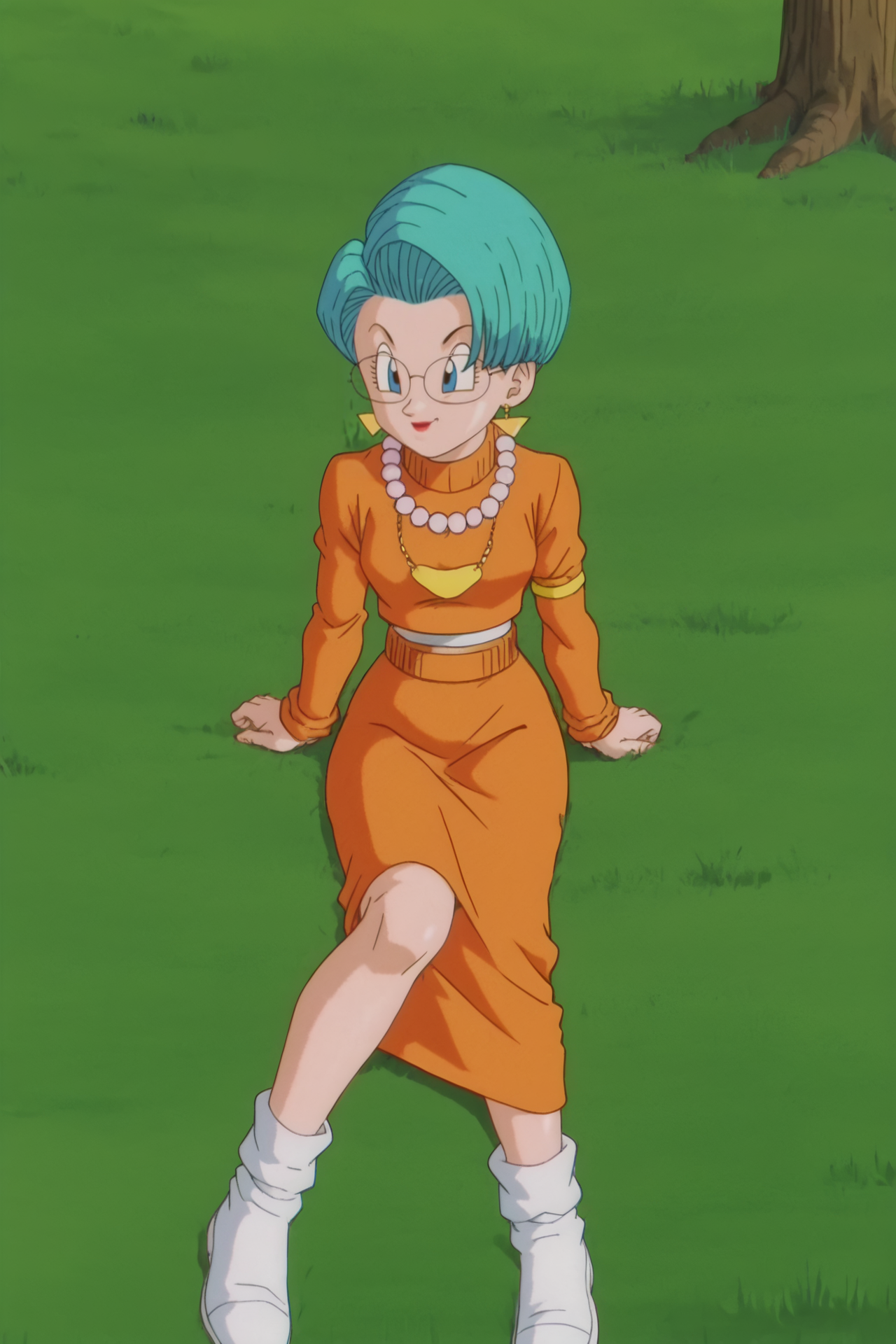 source_anime, score_9, score_8_up, score_7_up, anime screencap,8k, absurd res,
bulma,  short hair,  blue eyes, aqua hair, glasses, stud earrings,
armband, orange sweater, turtleneck sweater, midriff, undershirt, brown shirt, long sleeves, orange skirt, long skirt, loose socks, white legwear, no shoes, pearl necklace, sitting on grass, tree, outdoors, foot focus, upskirt, knee up. thigh,
<lora:bulmaGT_pony_v1:0.8>