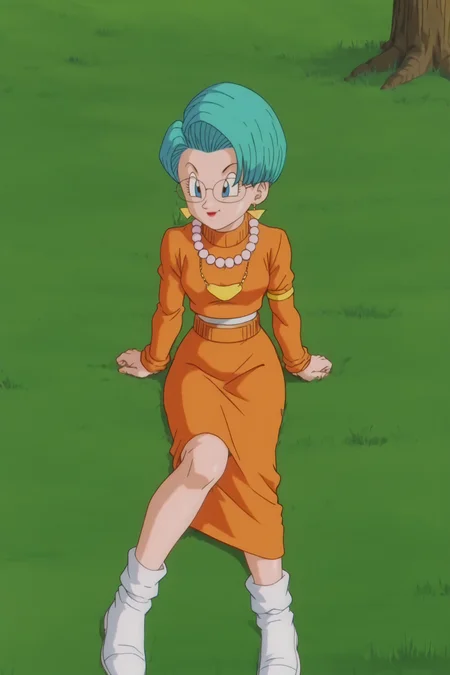 source_anime, score_9, score_8_up, score_7_up, anime screencap,8k, absurd res,
bulma,  short hair,  blue eyes, aqua hair, glasses, stud earrings,
armband, orange sweater, turtleneck sweater, midriff, undershirt, brown shirt, long sleeves, orange skirt, long skirt, loose socks, white legwear, no shoes, pearl necklace, sitting on grass, tree, outdoors, foot focus, upskirt, knee up. thigh,
<lora:bulmaGT_pony_v1:0.8>