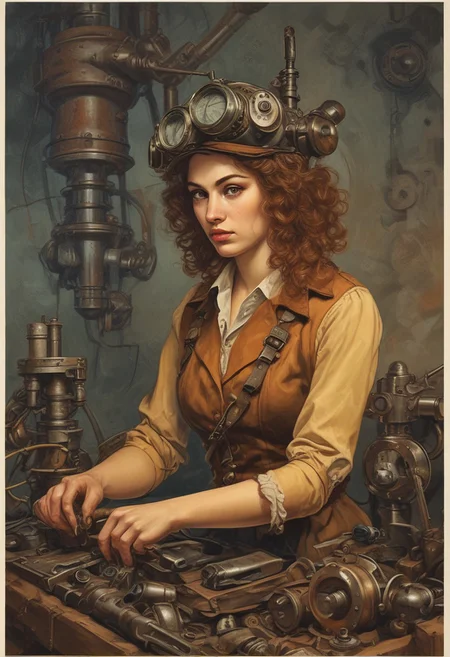 soviet poster,
steampunk, sexy pinup woman, repairing machinery,hat,goggles,leather clothes,curly hair,holding tools, gears,cogs,concentrate,
interior,machinery,pipes,valves,rust,stains,oil
