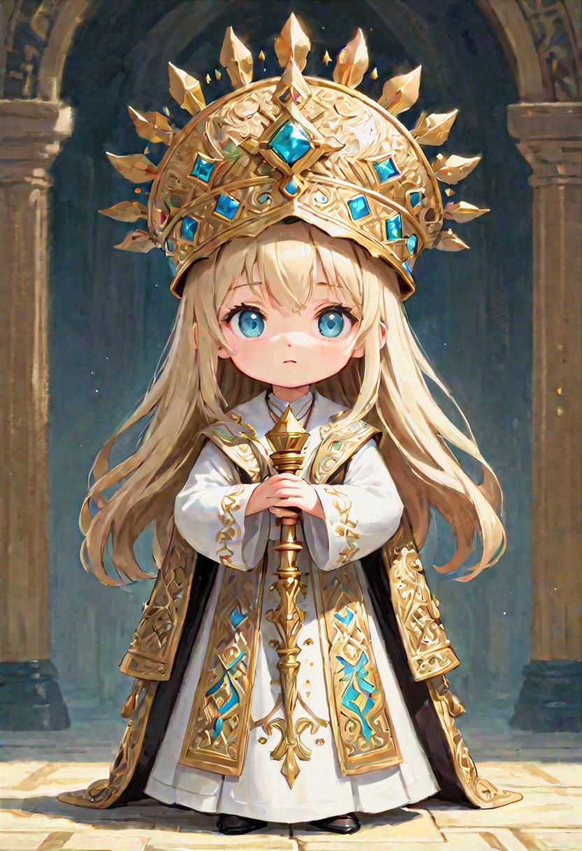 ({happy chibi priest {priest attire and priest hat with intricate holy details}, very long hair, light colored eyes, {(carrying {holy mace} with intricate details:1.5)}, (impressionist masterpiece:1.5), (best quality:1.5), (beautiful + aesthetic + harmonic), (detailed face, detailed eyes, detailed mouth, detailed body, detailed hands, detailed clothes, detailed background:1.5), ({symmetrical intricate fantasy details + sharpen symmetrical fantasy details}:1.5)
