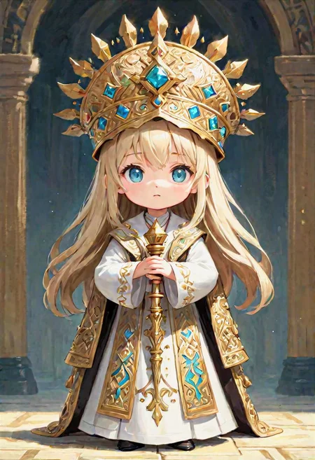 ({happy chibi priest {priest attire and priest hat with intricate holy details}, very long hair, light colored eyes, {(carrying {holy mace} with intricate details:1.5)}, (impressionist masterpiece:1.5), (best quality:1.5), (beautiful + aesthetic + harmonic), (detailed face, detailed eyes, detailed mouth, detailed body, detailed hands, detailed clothes, detailed background:1.5), ({symmetrical intricate fantasy details + sharpen symmetrical fantasy details}:1.5)