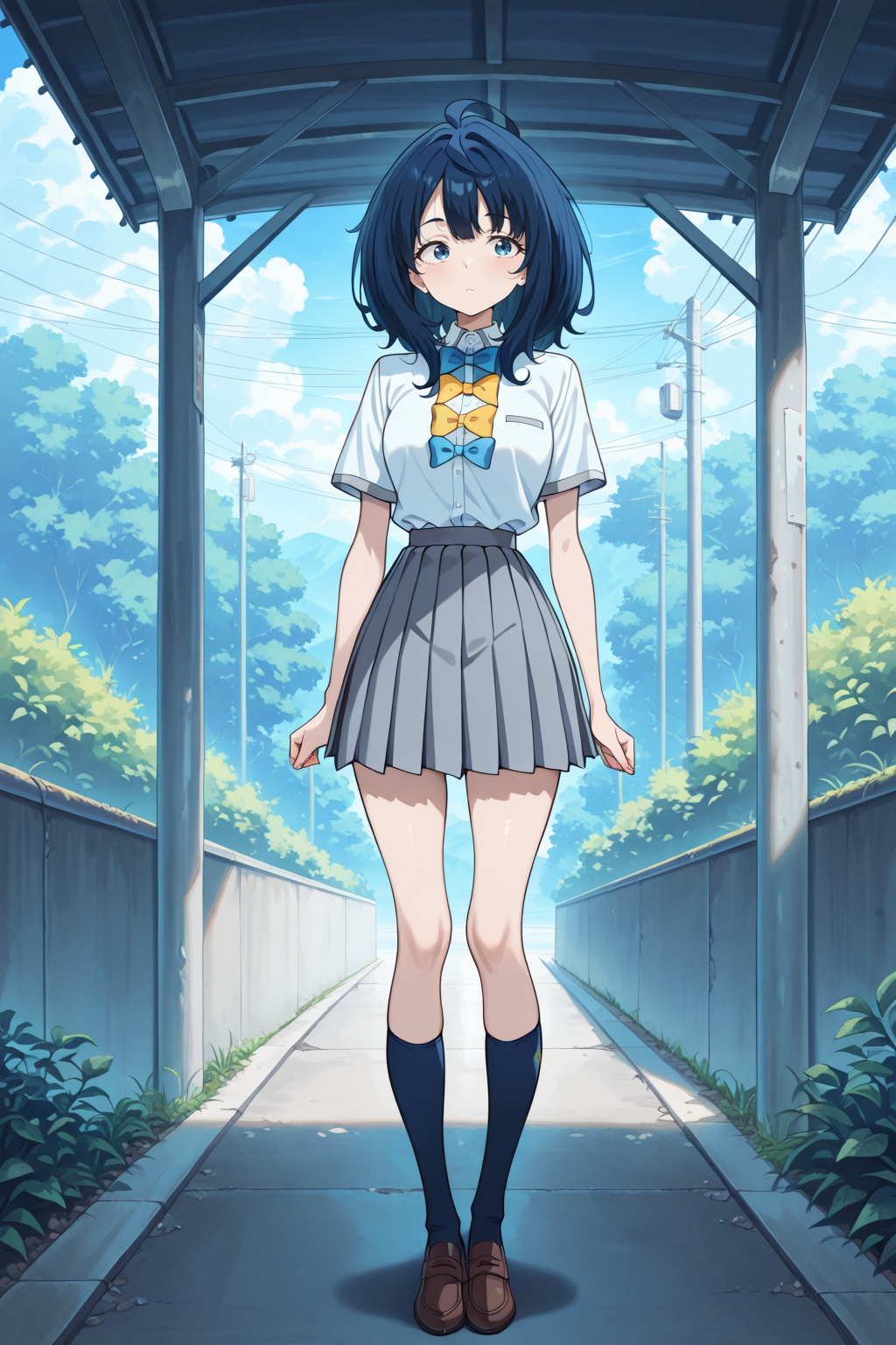 1girl,(solo),anime,masterpiece, best quality, amazing quality, very aesthetic, absurdres, newest, scenery, <lora:Diana_epoch_2:1>, blue hair, medium hair, ahoge, blue eyes, skinny,school uniform, white collared shirt, short sleeves, blue bowtie, yellow bowtie, grey pleated skirt, blue kneehighs, brown footwear,