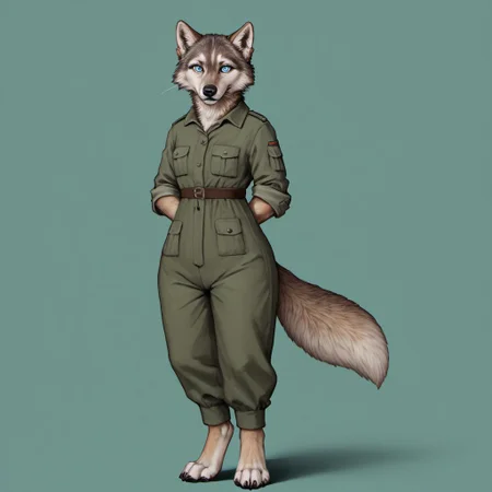 score_9, score_8_up, score_7_up, source_furry, detailed face, detailed eyes, incredible detail BREAK 1girl, solo, anthro, wide shot (furry female, wolf, light brown fur, monotone fur, light blue eyes,slightly wide hips, small breasts), black nose, whiskers, ear flop, solo, looking at viewer, simple background, green background, full body, hunter outfit, archer outfit, shy pose