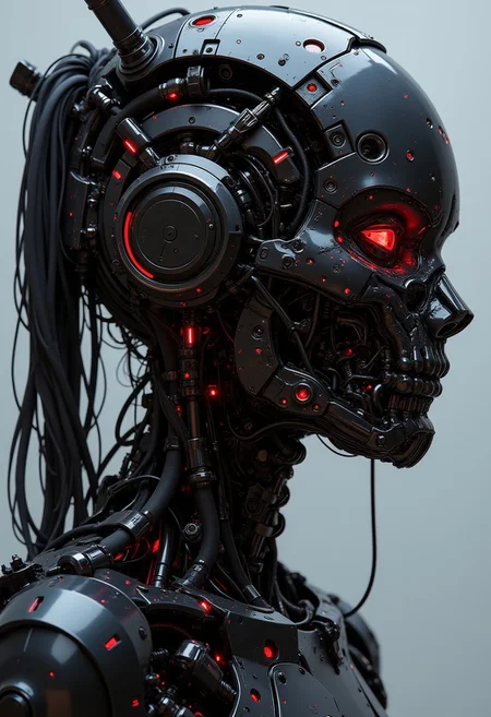 D4rkCyb3rDyn34n1m3 style,DARK Future WAR MACHINE MECH with cybernetics with intricate mechanical parts, nano tubes and cables ,P41nt4n1m3 style,S1n0z1ck style, dark red and black theme