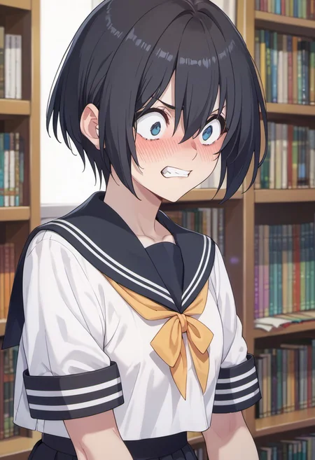 score_9, score_8_up, score_7_up, source_anime,nonoa, short hair, blue eyes, black hair, 1girl, blush, school uniform, teeth, solo, clenched teeth, bookshelf, serafuku, hair between eyes, sailor collar, indoors, wide-eyed