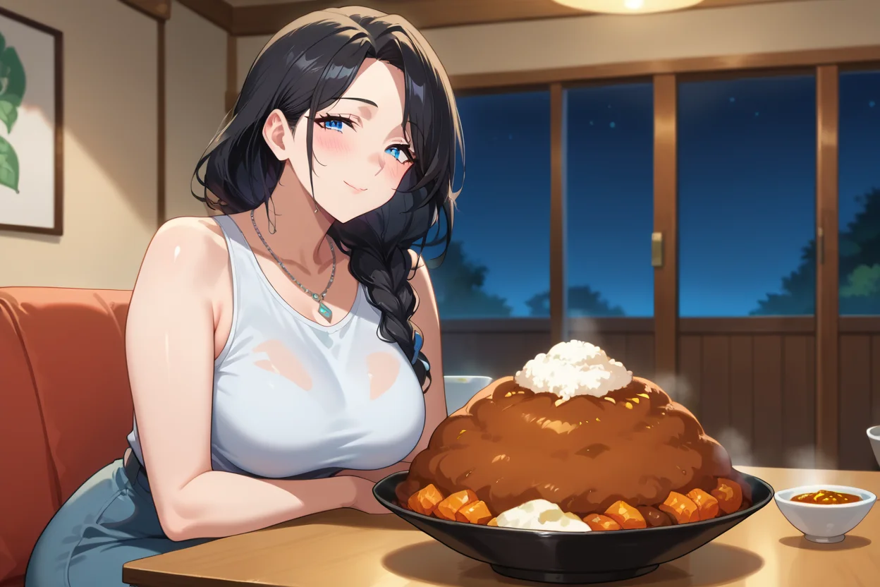 Score_9, score_8_up, score_7_up, (source_anime), (anime screencap:1.3), (huge food:1.33), (gigantic curry rice), 1girl, sitting, mature, looking at viewer, blush, light smile, blue eyes, black hair, long hair, braid, medium breasts, curvy, shirt, sleeveless, necklace, room, table, night, <lora:Huge_food_concept:0.6>, <lora:Anime_Screencap:0.8>