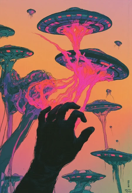 flat color two toned in translucent Neon Pink, Blue and Green hues, cinematic lighting, insane details, hyperrealistic extreme closeup macro photography, 64 megapixel DSLRAn intense action-packed anime scene in a sketch-like style, featuring thick, bold lines with a vibrant translucent color palette. This is a CGI-rendered image depicting a scene of UFOs, or extraterrestrial spacecraft, floating in a gradient sky. The sky transitions from a warm, soft orange hue at the bottom to a pale, muted blue at the top. The UFOs are uniformly designed with a sleek, metallic appearance, featuring rounded, saucer shapes with a slight dome on top. They are evenly spaced out in the sky, creating a sense of depth. Each UFO has a ring of small, circular lights around the edge, which are illuminated, giving them a glowing effect. The UFOs are positioned at varying distances, some closer to the horizon and some more distant, creating a sense of depth and perspective. The overall atmosphere of the scene is eerie and somewhat mysterious, invoking a sense of awe and wonder, typical of the UFO phenomenon., ethereal, atmospheric haze, emphasizing the powerful contrast between light and darkness. The atmosphere is filled with raw intensity as a fierce aura envelops the subject, reflecting the growing, monstrous anger. The aura swirls violently, as if ready to explode. The use of deep blacks highlights the raw emotion and energy in this high-detailed, sketch-like artwork.