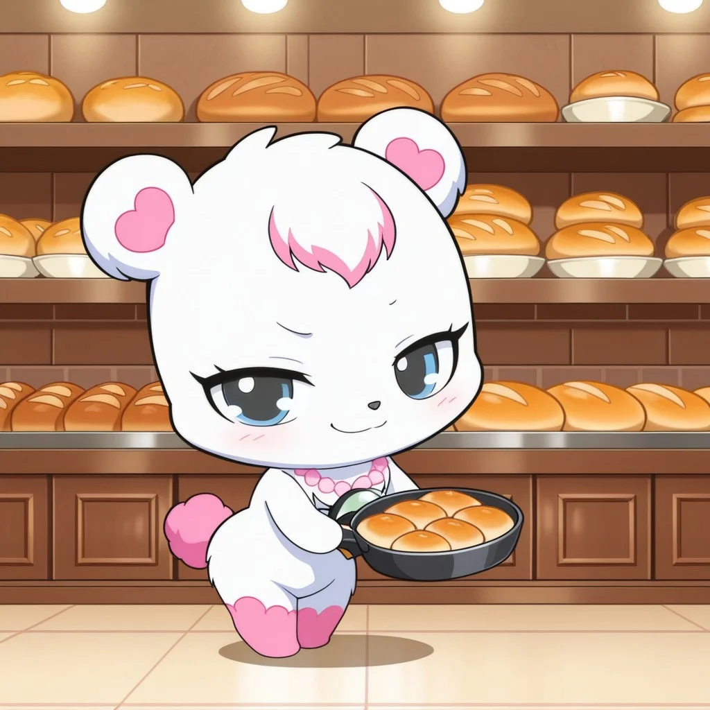 best quality, masterpiece, smirks, Full Body, Romantic, Small 2character, Body, Furry, looking_pleasured,labrajp, chibi, feral, multicolored hair, pink tail, tufted fur, furry, one pink leg, necklace, bear, bakery shop, bakery uniform, bakery outfit, holding pan, bakery kitchen, restaurants, lobby background, smirk at viewer, being cute towards viewer,