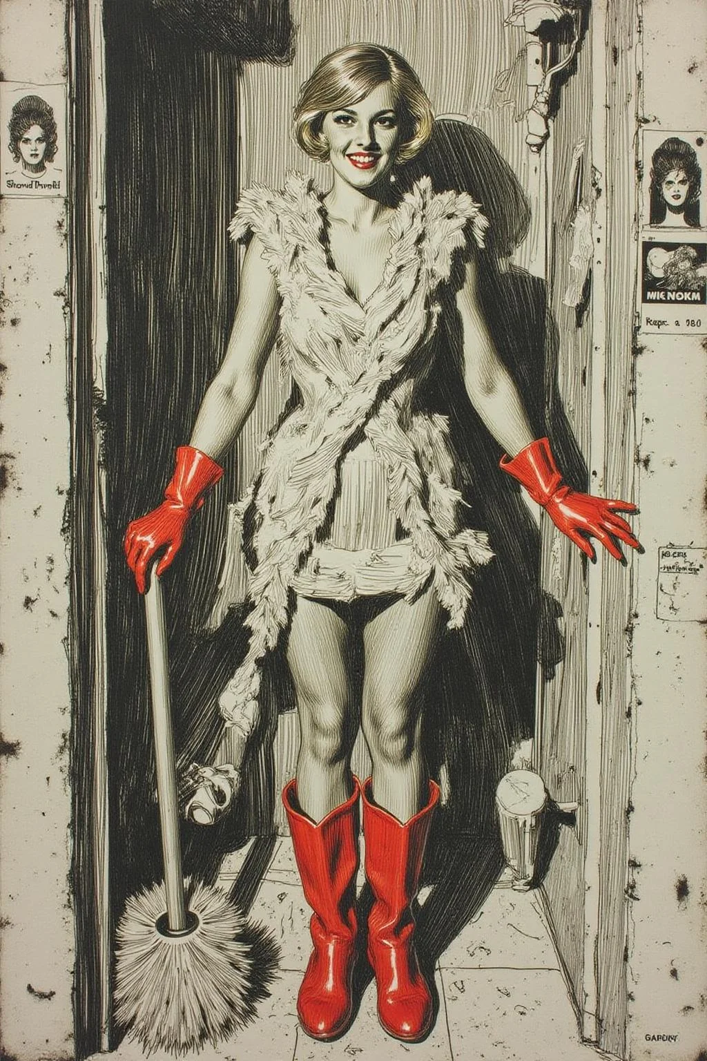 anzo1 black and white etching.
A slim Swedish woman stands confidently in a small, dingy restroom. She platinum blonde bob haircut and a fringe bangs. She is wrapped in rolls of white bandages like a mini dress, and wear bright red rubber gloves and matching boots. She holds a large toilet brush with a playful smile, juxtaposing glamour with an unexpected setting. The surrounding walls, adorned with worn posters, add a gritty, urban edge to the surreal, fashion-forward scene. <lora:anzo1_nocap_d6a3:1.0><lora:815139859116109826:0>