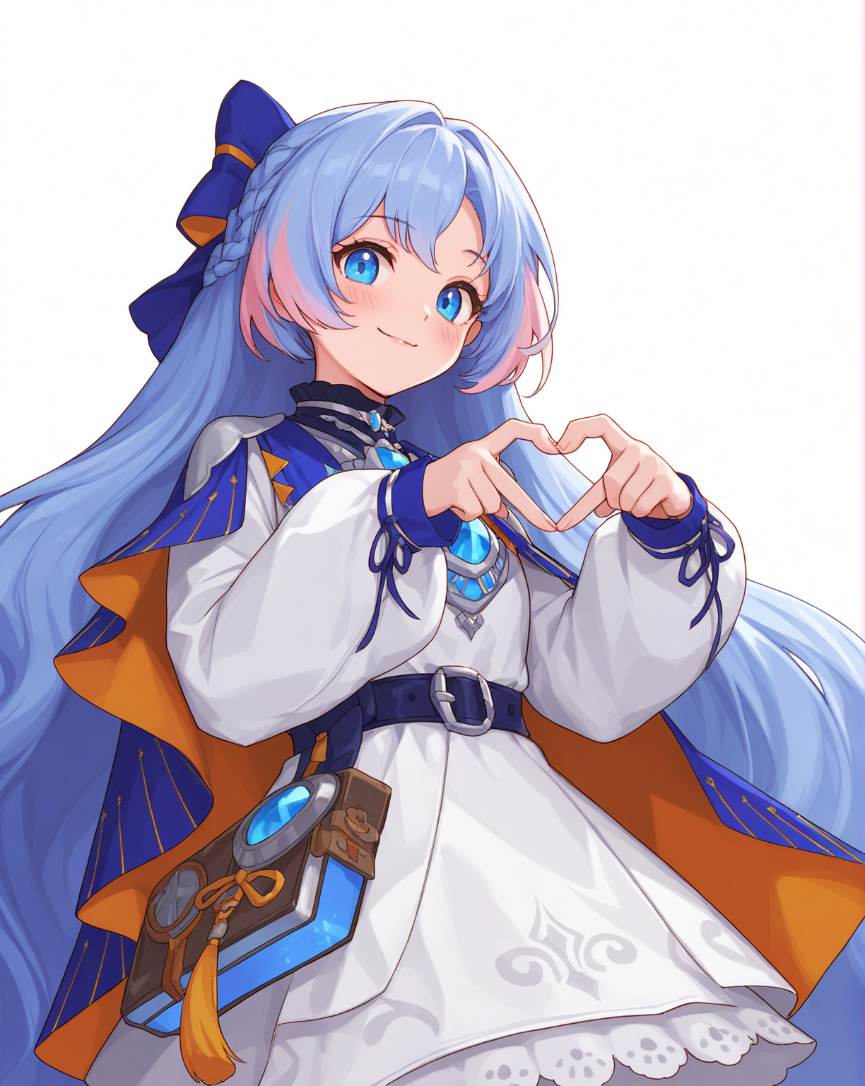 (((masterpiece,best quality,newest,absurdres,highres))),shume,1girl,blue eyes,blue hair,very long hair,braid,multicolored hair,long sleeves,bow,hair bow,cape,white dress,hair ribbon,<lora:èèå°æ°æ®_1.1_noob:0.8>,heart hands,smile,1girl,heart,white background,looking at viewer,simple background,upper body,blush,closed mouth,